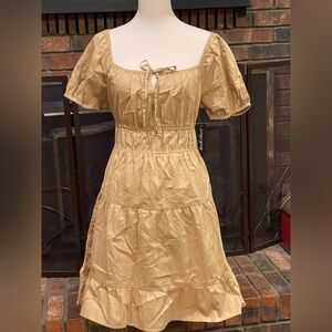 Derek Heart Tan Puff Sleeve Midi Dress